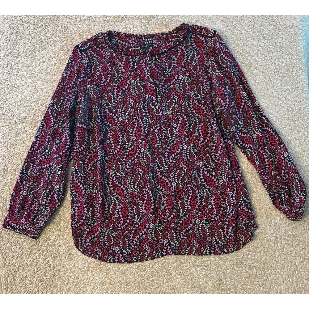 Talbots Petites Floral Split Neck Blouse Lace Trim Black Multi Women's XP
